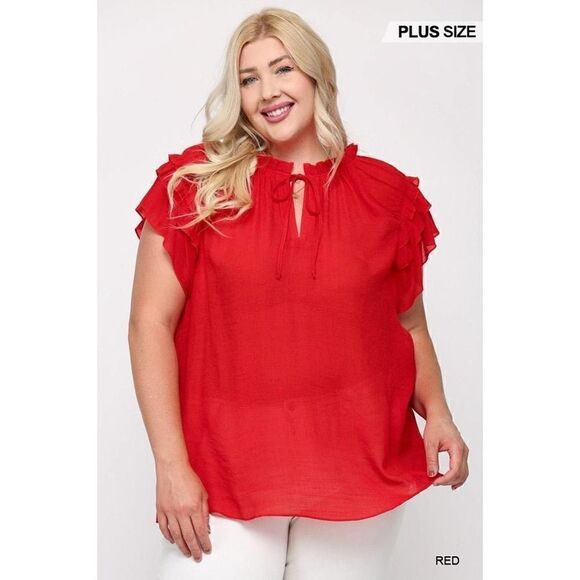 Red Ruffle Sleeve V-neck Top With Front Tie - Picture 1 of 4
